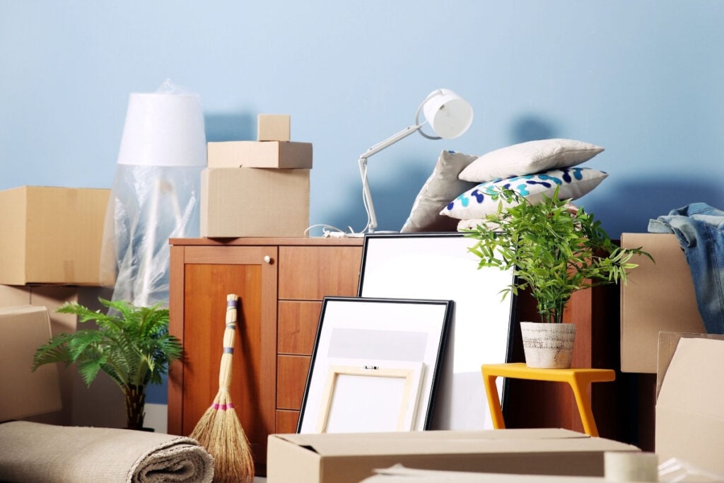 Packed household items and boxes ready for storage.